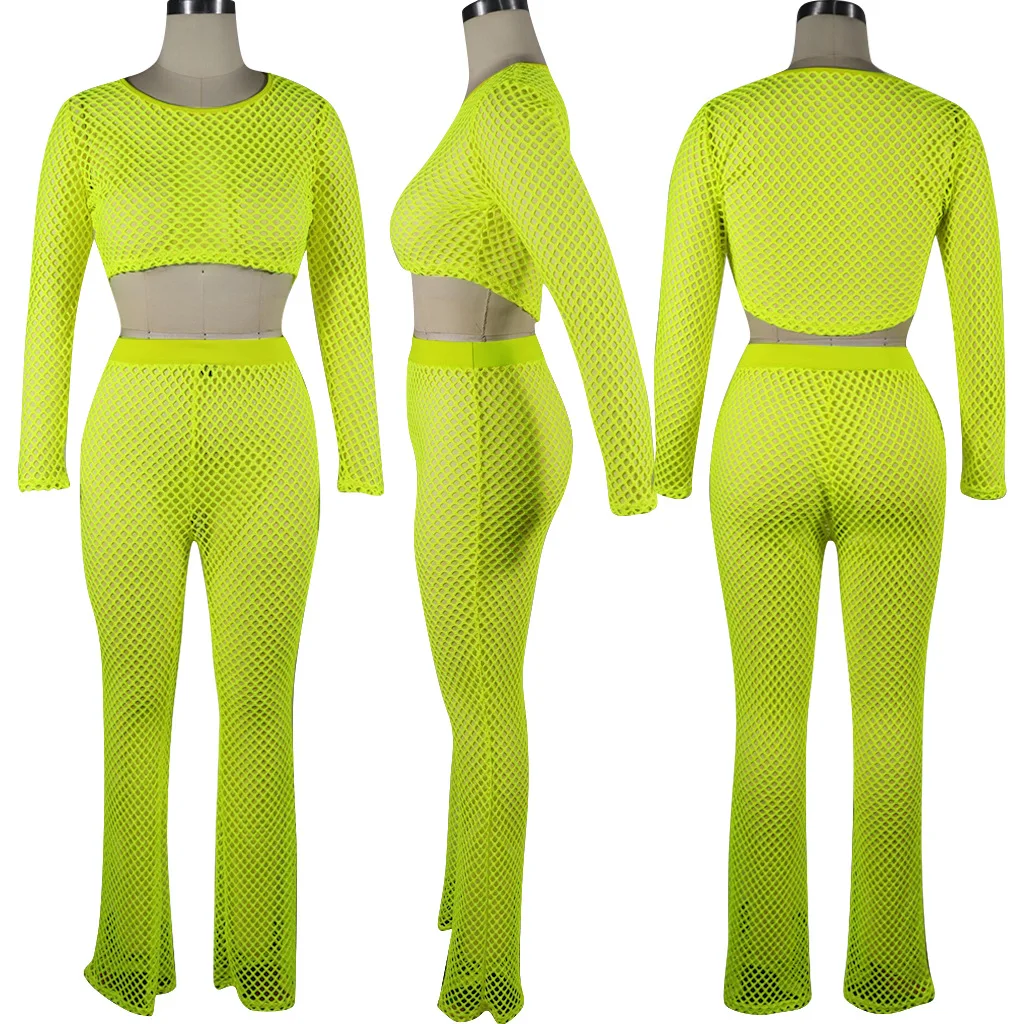 Women Summer Two Piece Set Sexy Fishing Net Hollow Out Transparent Long Sleeve Crop Tops Tight Pants Fashion Suits Outfits |