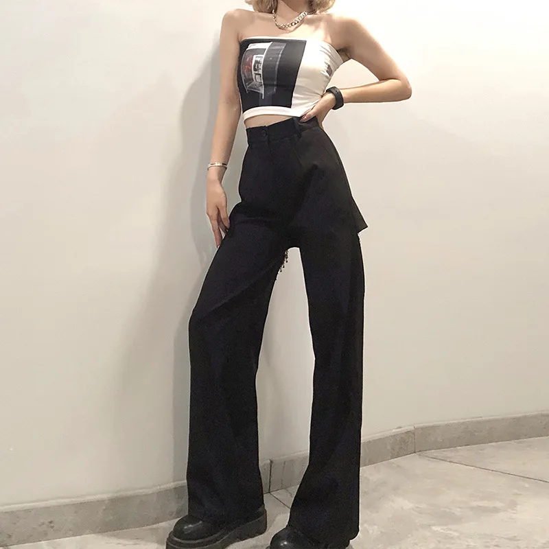 

Streetwear 2021 Spring Autumn New Hollow Women Casual Wide Leg Pants Summer High Waist Safari Style Black Pants