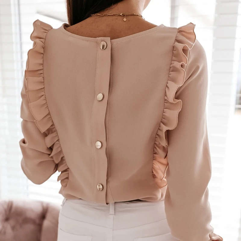 

2021 Fashion Elegant Women's Blouses Buttons Round Neck Tops Elegant Long Sleeve Frilled Shirt Ladies Solid Color Plus Size