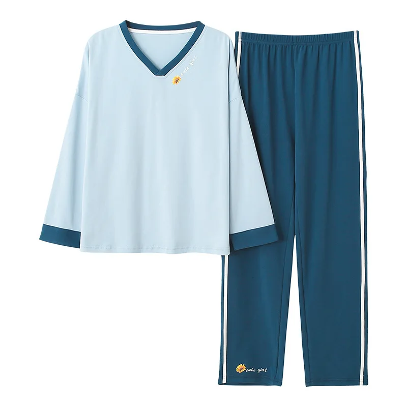 

Pajamas Ladies Spring Autumn 100% Cotton Long-Sleeved Korean Casual Round Neck Loose Home Service Suit Sleepwear Pizama Damska