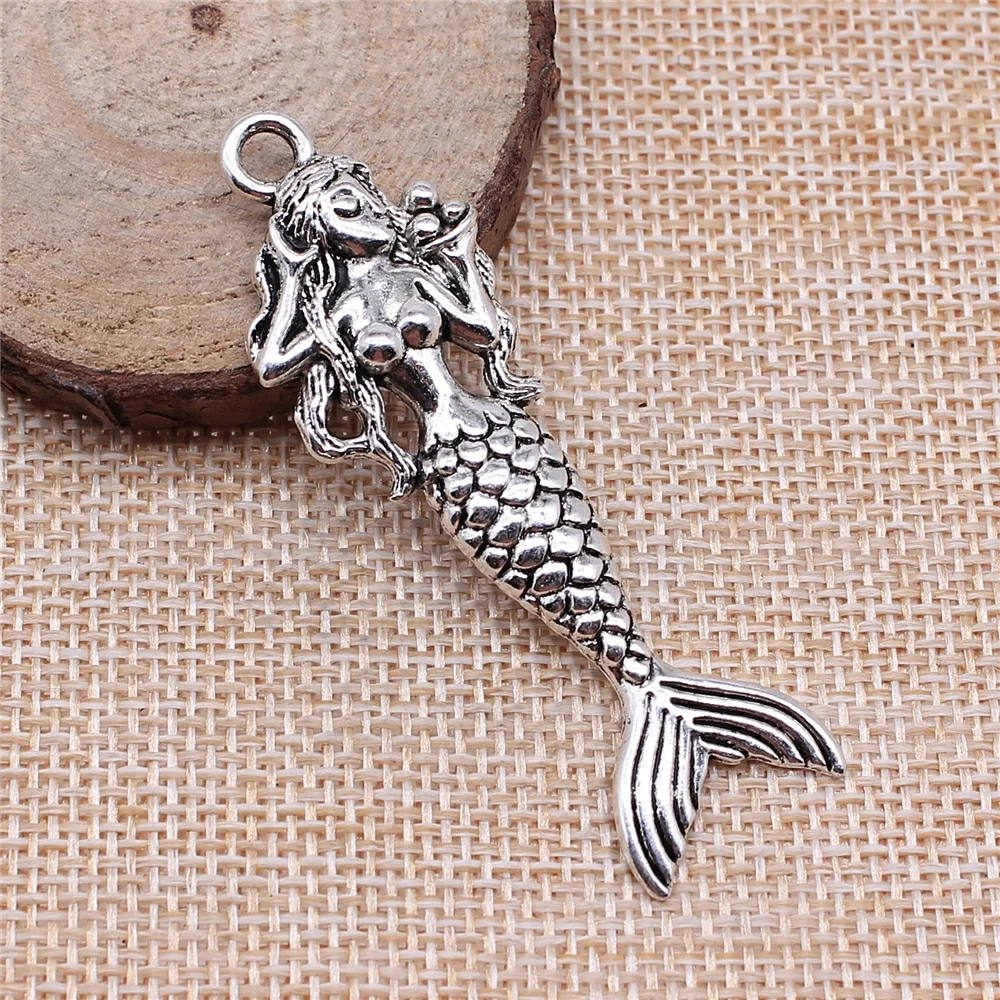 

2Pcs 20x62mm Antique Silver Color Mermaid Charms For DIY Jewelry Making DIY Handmade Jewelry