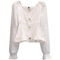 plus size women blouse white red back elastic square collar temperament waist thin top spring and autumn shirt clothes