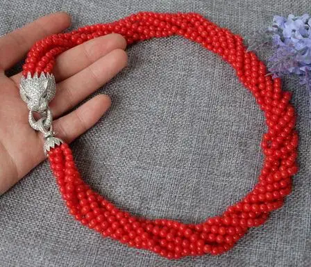 fashion 8strands Red Coral Round necklace-zircon clasp