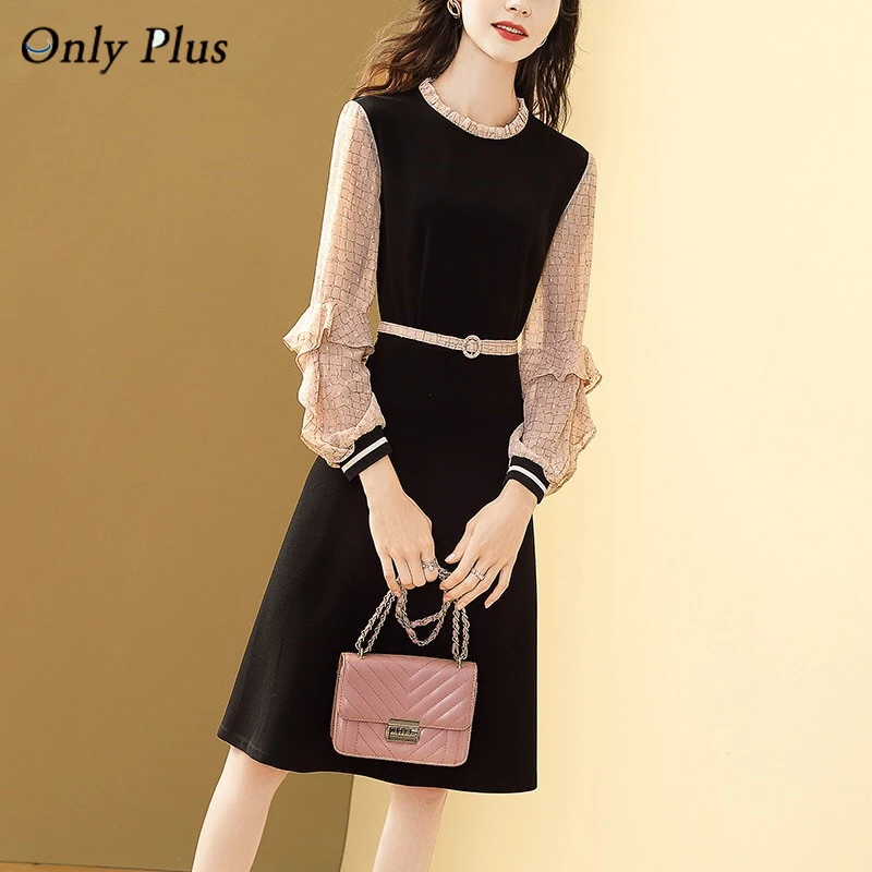 

Only Plus Fashion Black Patchwork Dress Autumn A-line Lantern Sleeve O-neck Casual Office Lady Dresses Slim All-match Vestidos