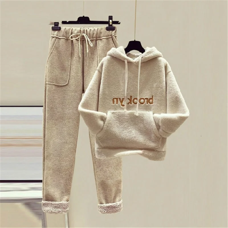

LISM Plus size women hoodies and pants 2 piece set ladies letter print pocket warm thicken pullover sweatshirts high waist suits