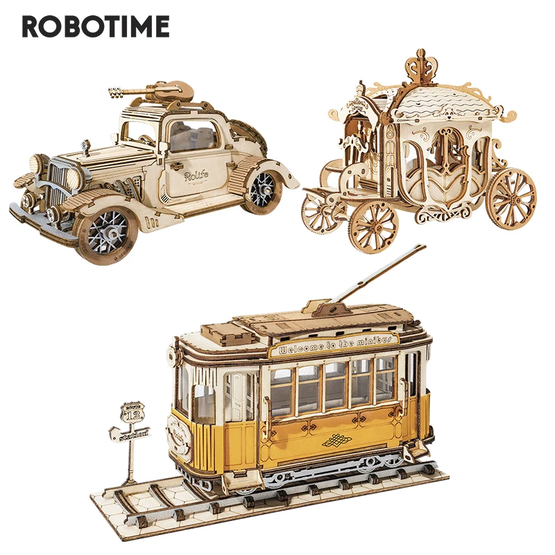 

Robotime 3 Kinds DIY 3D Transportation Wooden Puzzle Game Assembly Vintage Car Tramcar Carriage Toy Gift for Children Adult