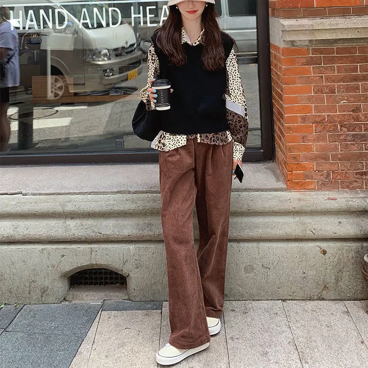 

Wide Leg Pants Women's Large Corduroy Autumn and Winter New Fat Mm Loose 100kg High Waist Pink Casual Straight Pants Fashion