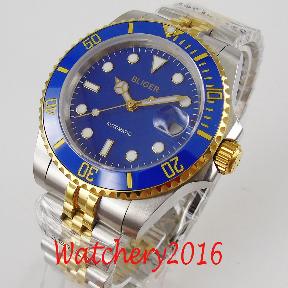 40mm Bliger blue dial Blue Ceramic Auto Date Sapphire crystal date miyota Automatic movement Mechanical Wristwatches Men's Watch |