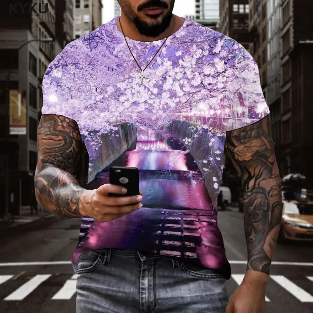 

KYKU Brand Cherry Blossoms T-shirt Men Romantic Tshirt Printed Pink Anime Clothes Love Shirt Print Mens Clothing Punk Rock