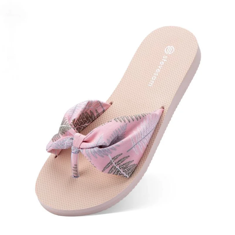 

2021 new pink silk bow slippers beige summer beach shoes flat women sandals apartment comfortable silver platform flip flops