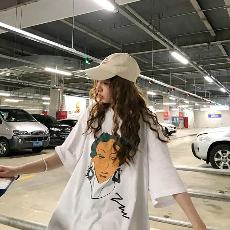 Avocado green vintage t-shirt Hong Kong style short-sleeved female Harajuku student half-sleeved bottoming top portrait printing | Женская