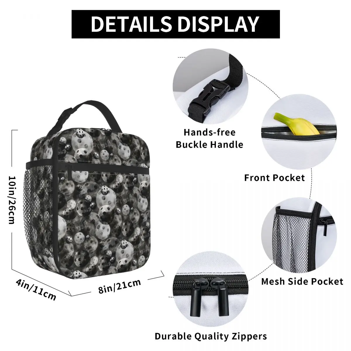

Pickleball Shades Of Gray Pattern Lunch Bag for Women Men Large Insulated Lunch Box with Water Bottle Holder and Pockets