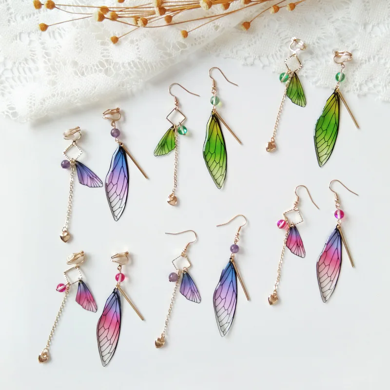 

LOVOACC Fantasy Asymmetric Resin Butterfly Earring Cicada Wings Long Drop Earrings Gradient Color Earrings Romantic Jewelry
