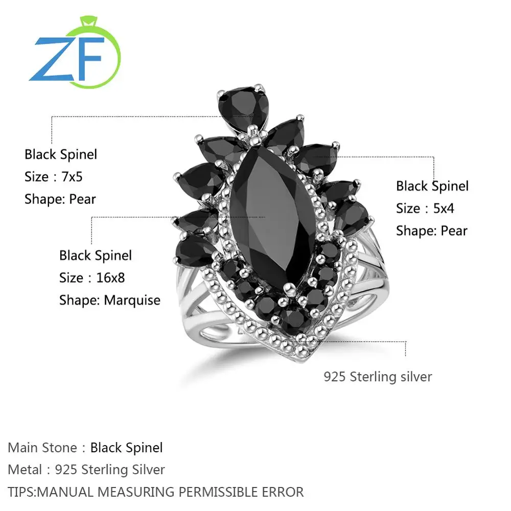 

GZ ZONGFA Most Popular Natural Black Spinel Women Jewelry 925 Sterling Silver Engagement Ring
