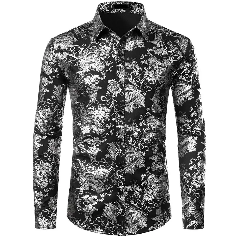 Purple Mens Floral Bronzing Shirt Men Shiny Flower Men Shirt Luxury Fashion Party Mens Dress Shirts Casual Club Camisa Masculina