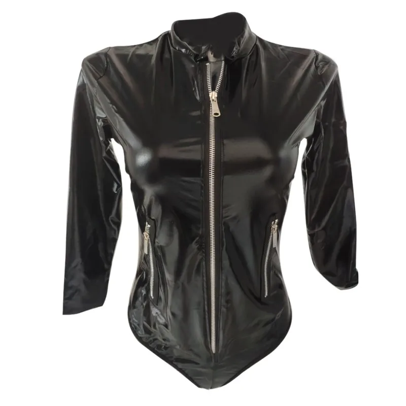 

Women Zipper PU Leather Bodysuits Sexy Bodycon Bodysuit Ladies Slim Long Sleeve Rompers