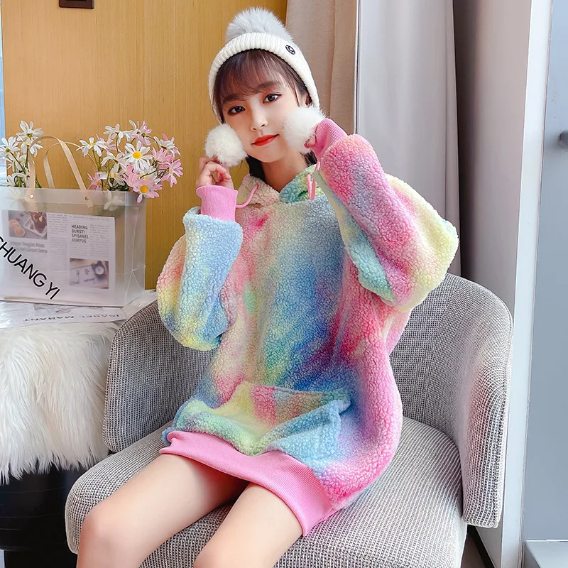 

Пуловер Радужный для девочек на осень и зиму, топы, толстовки, корейский стиль, Детская Повседневная Свободная Толстовка средней длины с кап...