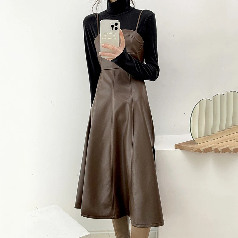 

Leather dress 2021 spring autumn retro French niche external wear pu leather sling dress mid-length waist slimming dress women