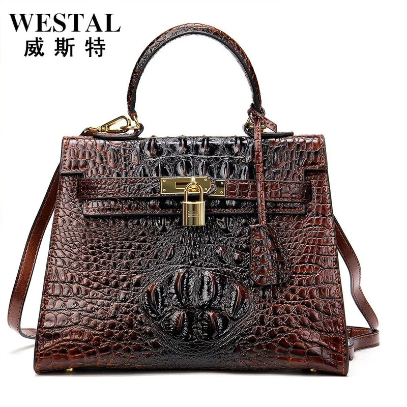 

WESTAL leather handbags large-capacity one-shoulder messenger bag cowhide Kate bag retro crocodile messenger handbag