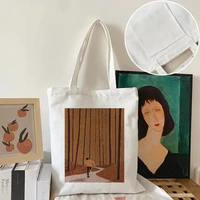 women canvas shopping bag orange cartoon printing cotton cloth shoulder bag eco handbag tote reusable grocery shopper bags
