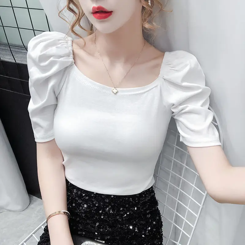 

Fashsion Cotton T Shirt Women 2021 Summer Plus Size Puff Short Sleeve Korean Basic Ladies Tshirts Elegant Tee Streetwear Tops 32