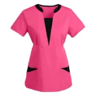 Новая униформа для кормления, женские топы, топы с коротким рукавом и V-образным вырезом, топы, Рабочая Униформа, однотонная Лоскутная цветная блузка с карманами, женская одежда #9