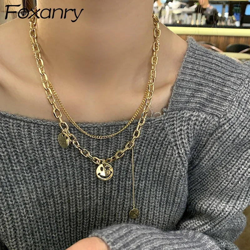 

Foxanry Silver Color Sweater Necklace New Fashion Smiley Face Pendant Double-layered Clavicle Chain Party Jewelry Gifts