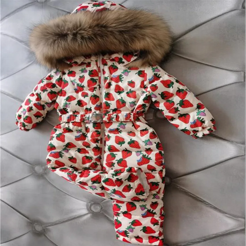 Windproof children Snow Wear thicker Warm Winter strawberry printed Outerwear for girls BIG Fur Collar Kids Down Jacket
