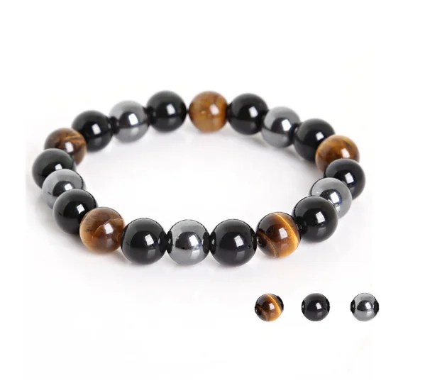 Браслет 10 мм из тигрового глаза гематита и черного обсидиана мужской браслет