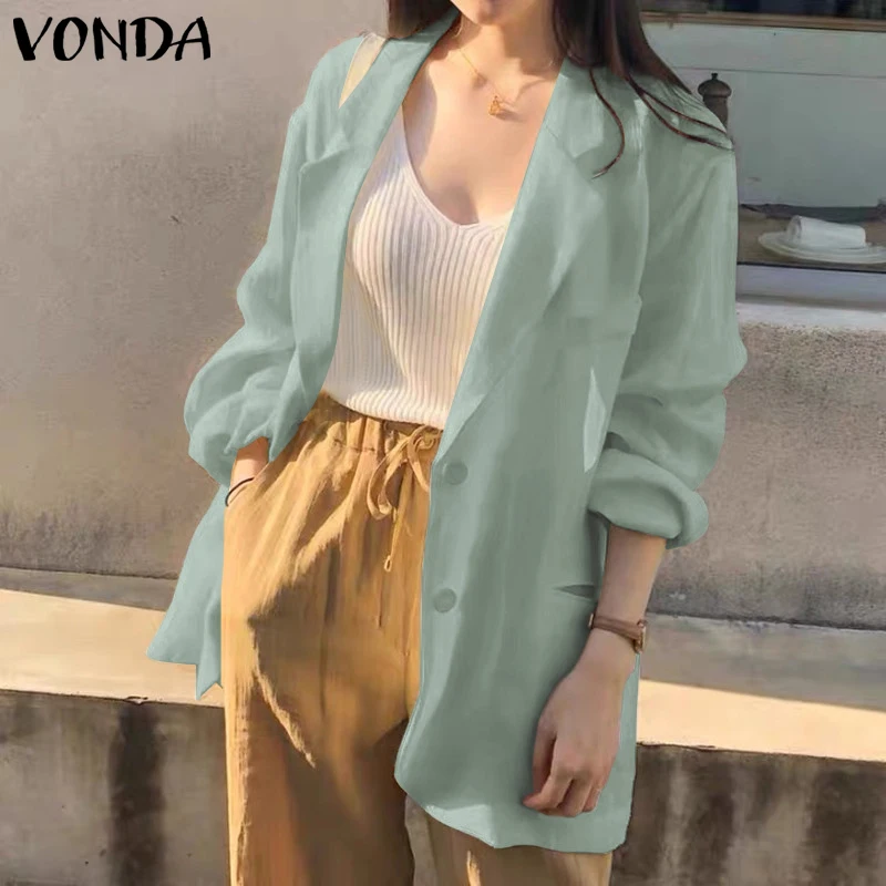 

Женский хлопковый костюм-блейзер VONDA, осенняя однотонная Повседневная куртка с длинным рукавом и воротником с лацканами, винтажная модель, ...