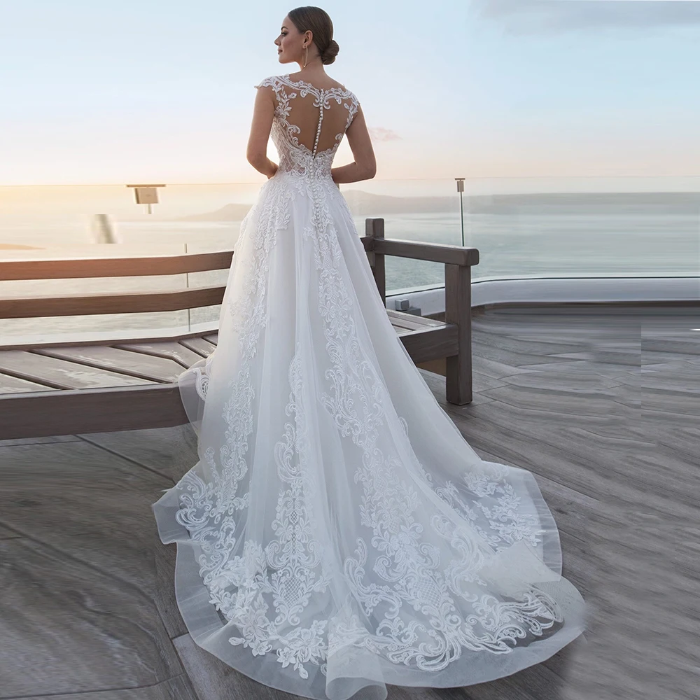 

Charming Lace Tulle Sweep Train A-line Wedding Dresses Scoop Cap Sleeve Applique White Ivory Bridal Gowns