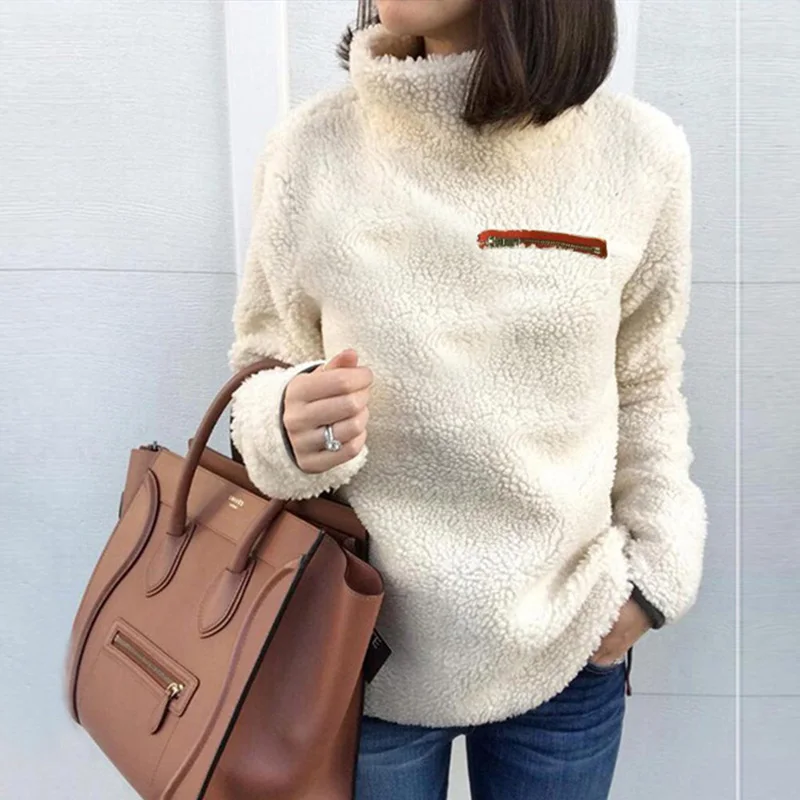 

2021 Women's Sweater Turtleneck Fuzzy Zipper Design Jumper Fluffy Long Sleeve Loose Fahsion Casual Autumn Sweater Tops