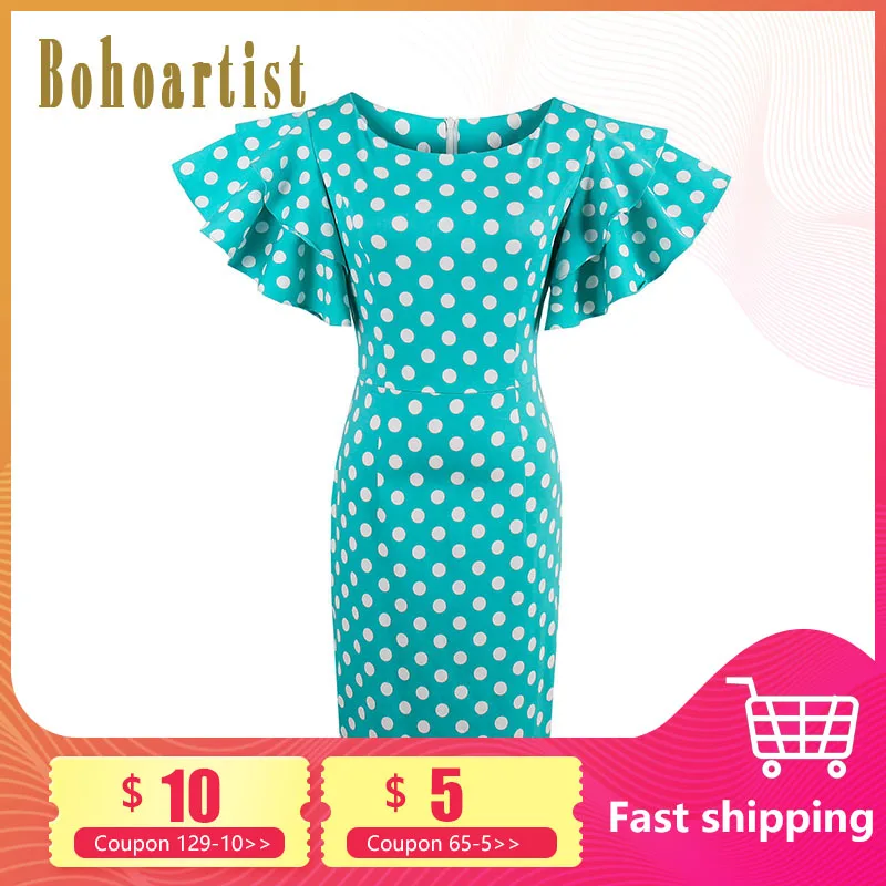 Женское облегающее платье Bohoartist черное в горошек с рукавом фонариком и круглой