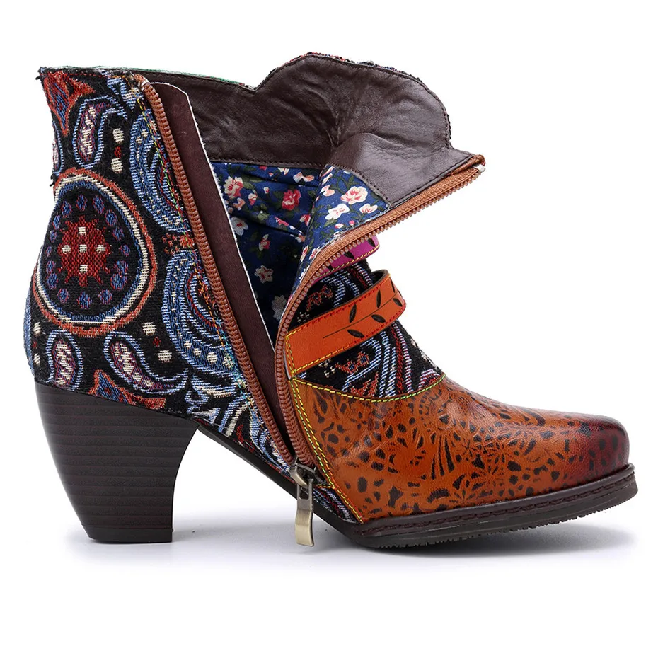 Ботинки женские из натуральной кожи на молнии с принтом квадратном каблуке