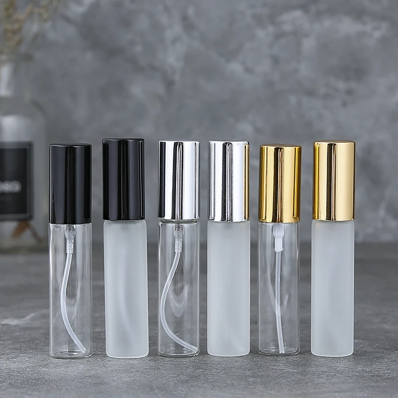

20pcs/lot 5ml 10ml Transparent Thin Glass Spray Bottle Sample Glass Vials Portable Mini Perfume Atomizer Gold Silver Black Cap