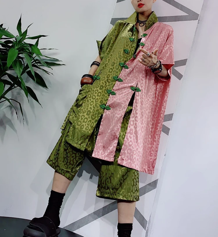Женский винтажный короткий костюм QING MO черная или зеленая футболка в стиле