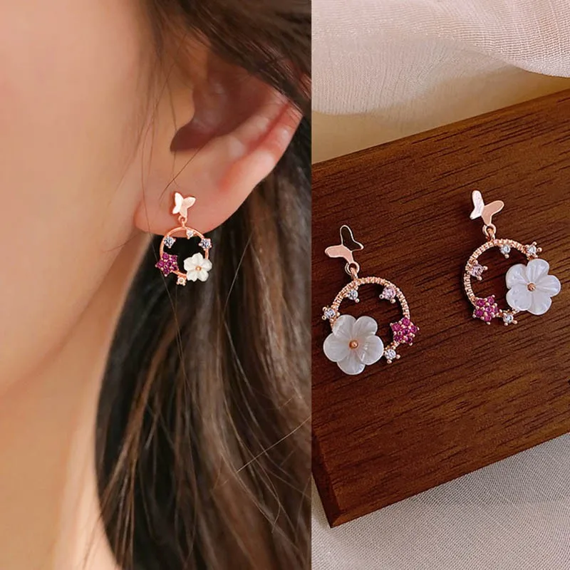 

New 2021 sweet lovely fashion shiny crystal flowers Women Drop Earrings elegant fine small metal butterfly Earrings Jewelry Gift