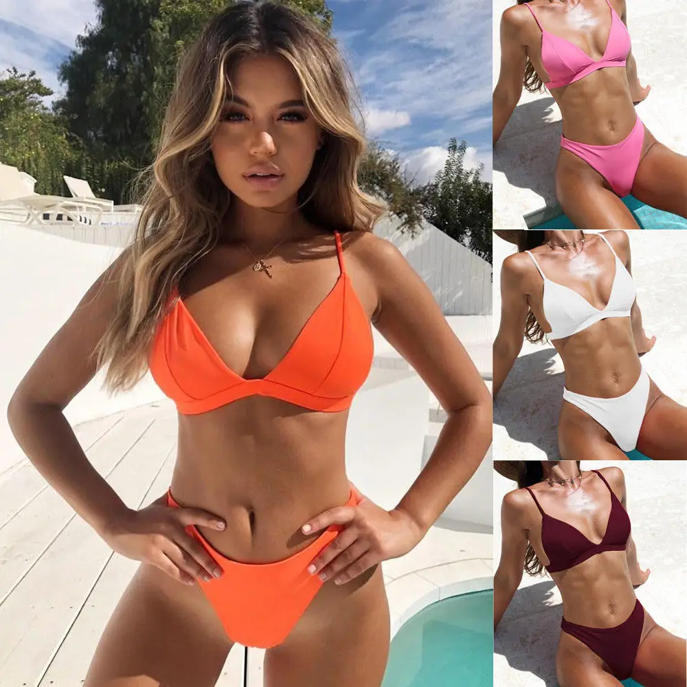 

New Women Swimwear Thong Bikini Set Pure Color Push Up Padded Swimsuit Biquini Women Bathing Suit Summer Beachwear
