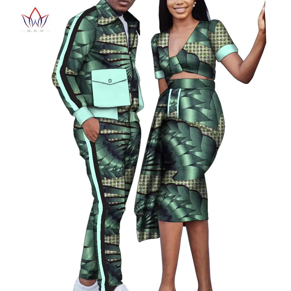 

Hip Hop African Couples Attire Bazin Riche Dashiki Men's Casual Suits and Women Skirt Sets African Clothes for Lovers WYQ797