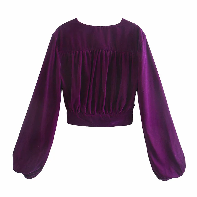 

Spring and autumn women's casual solid color V-neck long-sleeved velvet short shirt