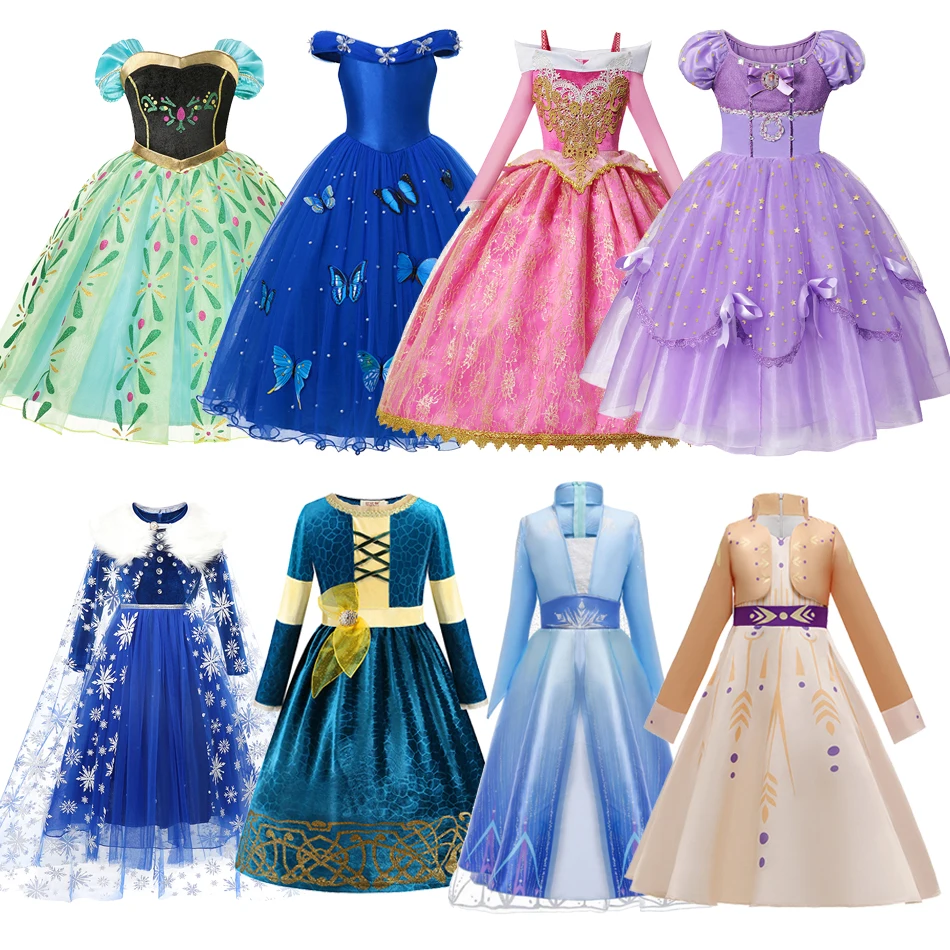 Girls Fancy Outfits Disney Frozen Elsa Anna Cinderella Aurora Princess Dresses Kids Halloween Cosplay Vampire Mulan Costumes