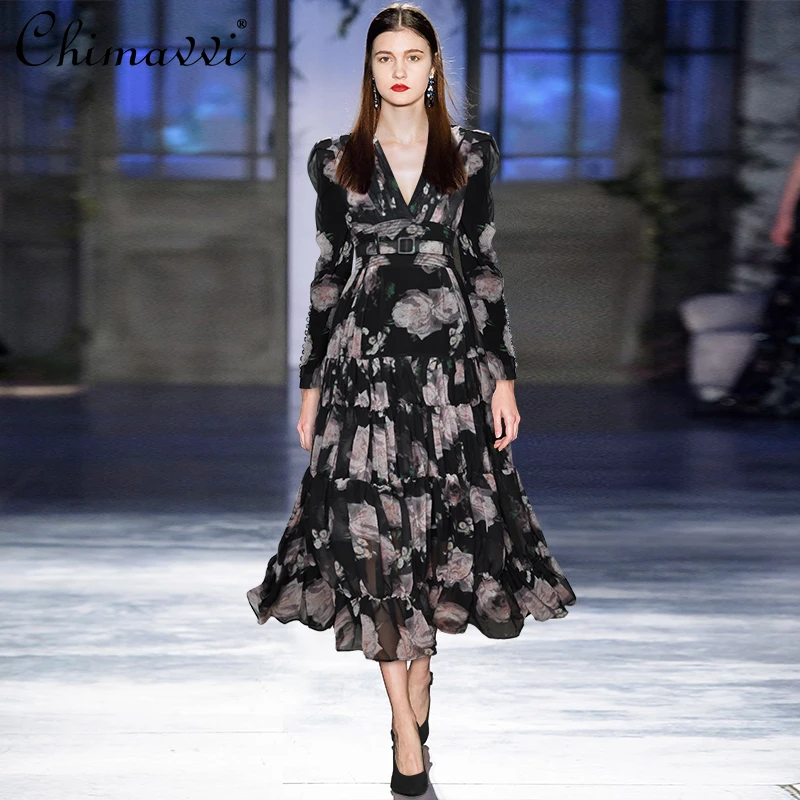 

V-neck Bubble Long Sleeve Maxi Dress Women Lace Up Slim Fit Wide Hem Printed Dress 2021 Spring/Autumn Fashion Elegant Dress