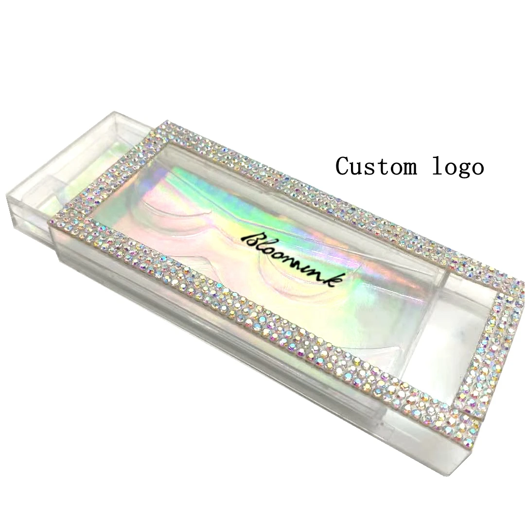 Wholesale Empty 3D Mink Fake Lashes Box Print Free Logo Bling Glitter Rhinestone AB Color Case Eyelashes Package