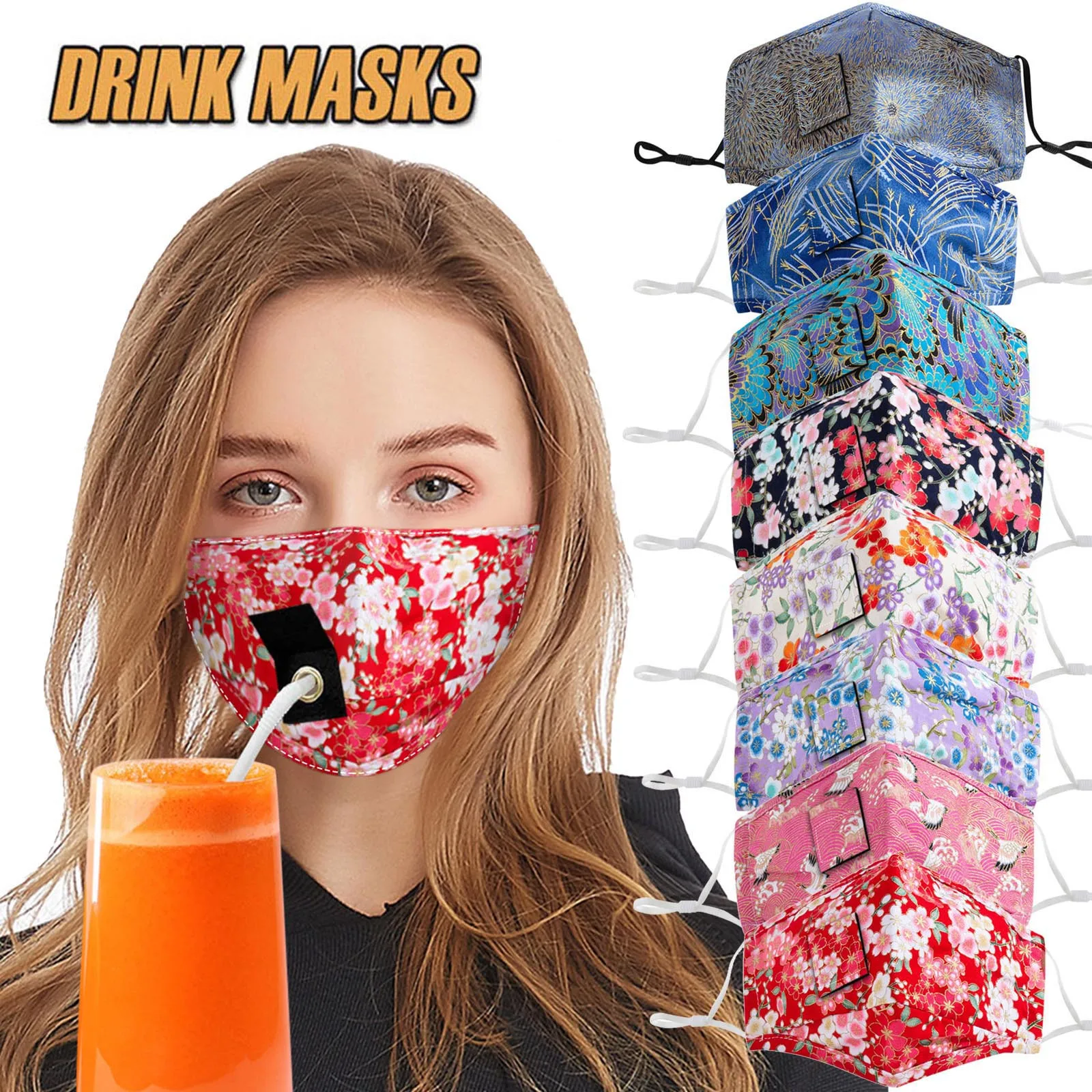 

Fashion Print Mouth Masks Adult Women Floral Protect Face Mask Drinking Mask With Hole For Straw Protective Mask Mascarillas