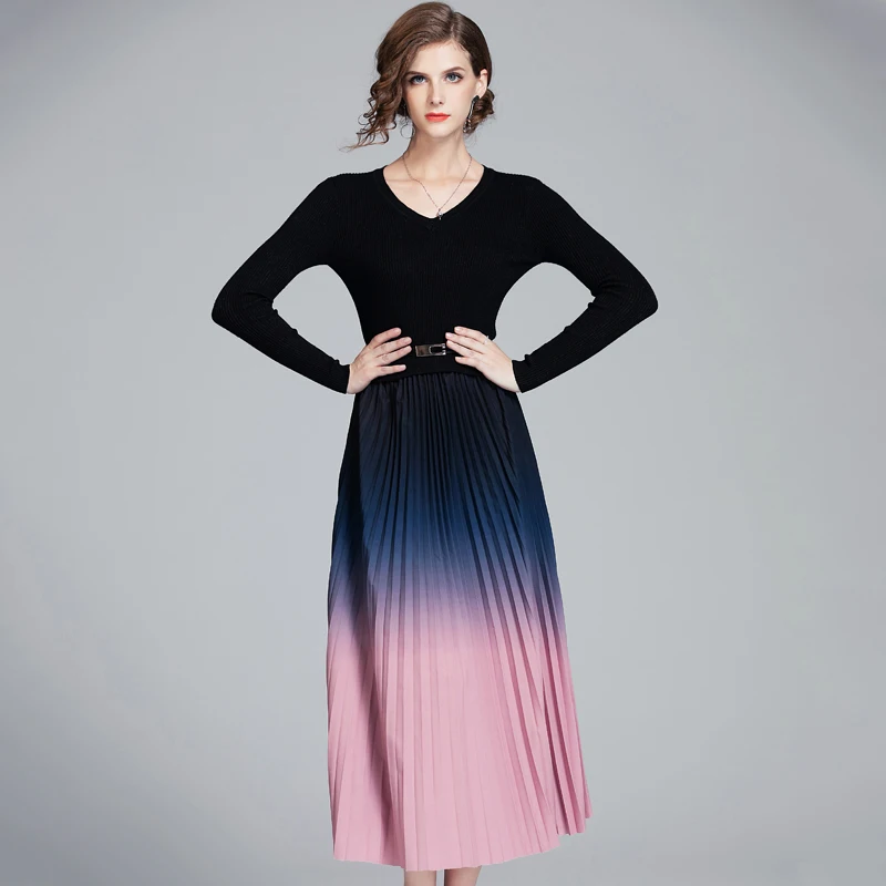 Fitaylor новинка сексуальное v-образный вырез вязаное плиссированное длинное платье