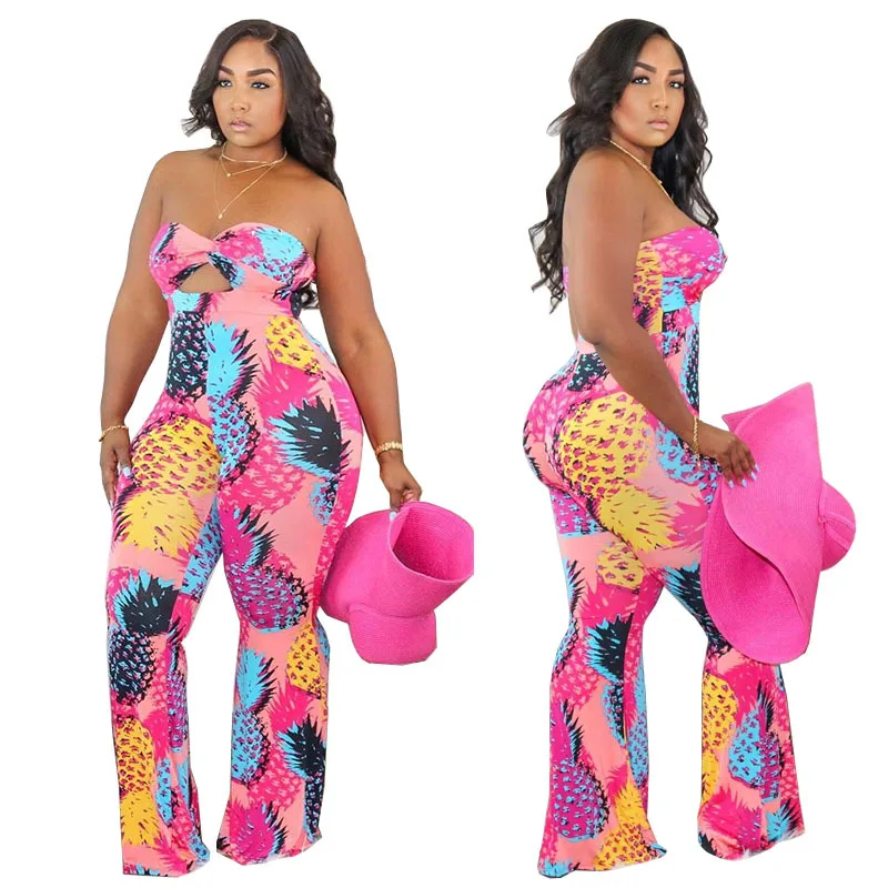 

New Arrivals Women Colorful Fruits Print Jumpsuits Lady's Sexy Plus Size Strapless Hollow Out Skinny Backless Clubwear Romper