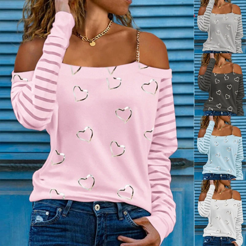 

Heart Print Long Sleeve Sling Top Women Casual Autumn Winter Sexy Off Shoulder T Shirt Blusas Y2k Plus Size Pullover Tee T Shirt