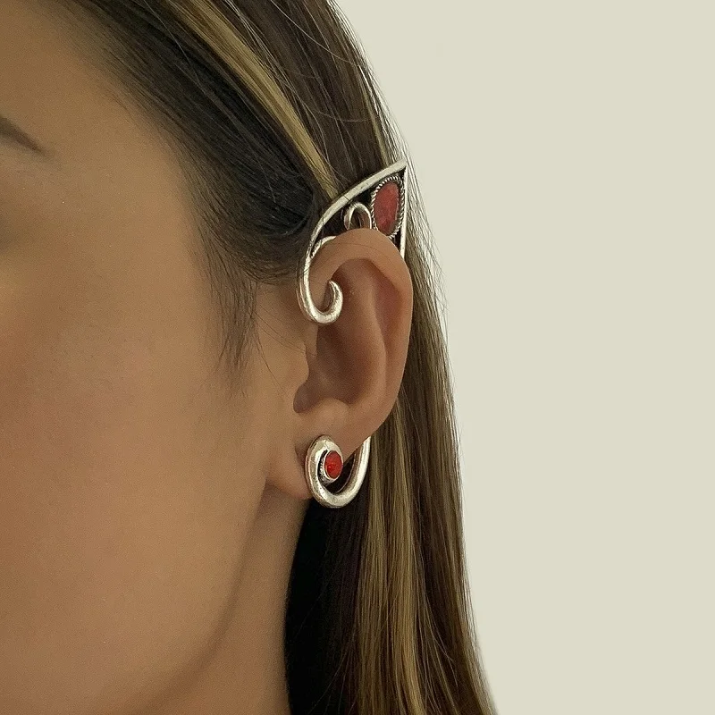 

Gothic Vintage Cuff Earrings For Women Red Crystal Cosplay Elf Ear Hanging Clip Punk Earrings Fashion Jewelry Girls Gift