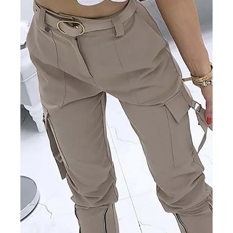 

Mandylandy Long Pants Summer Lace-up Pocket Stitching Zipper Pencil Pants Women's Casual Solid Color Plaid Slim Fit Long Pants