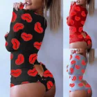 Для женщин на пуговицах с принтом губы функциональный отворот на пуговицах взрослых комбинезон Комбинезоны пижамы открытые комбинезон с подтяжкой ягодиц комбинезон, комплект детской одежды